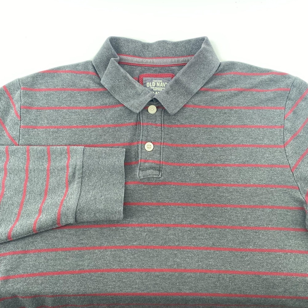 Old Navy Polo‎ Shirt Mens XL Gray Red Stripe Long Sleeve 100% Cotton Casual